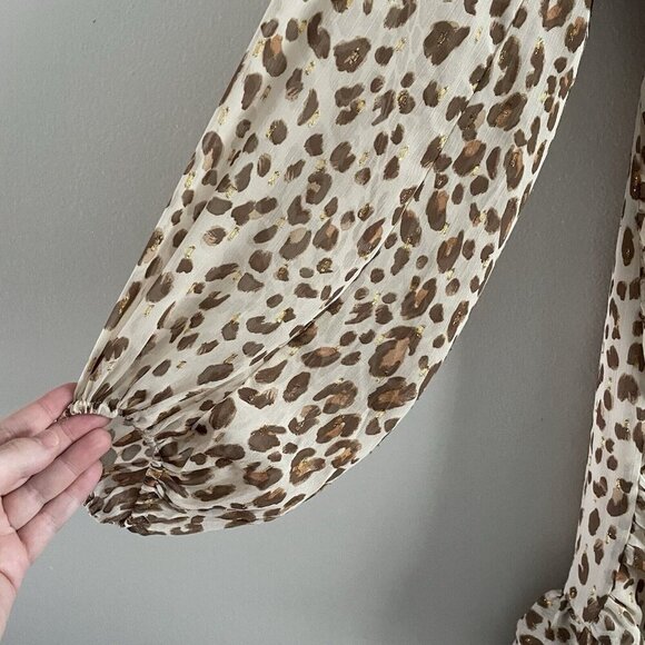 Express Wmn XS Brown/Ivory/Gold Cheetah Print V-Neck Sheer Sleeve Ruffle Dress - Picture 4 of 10